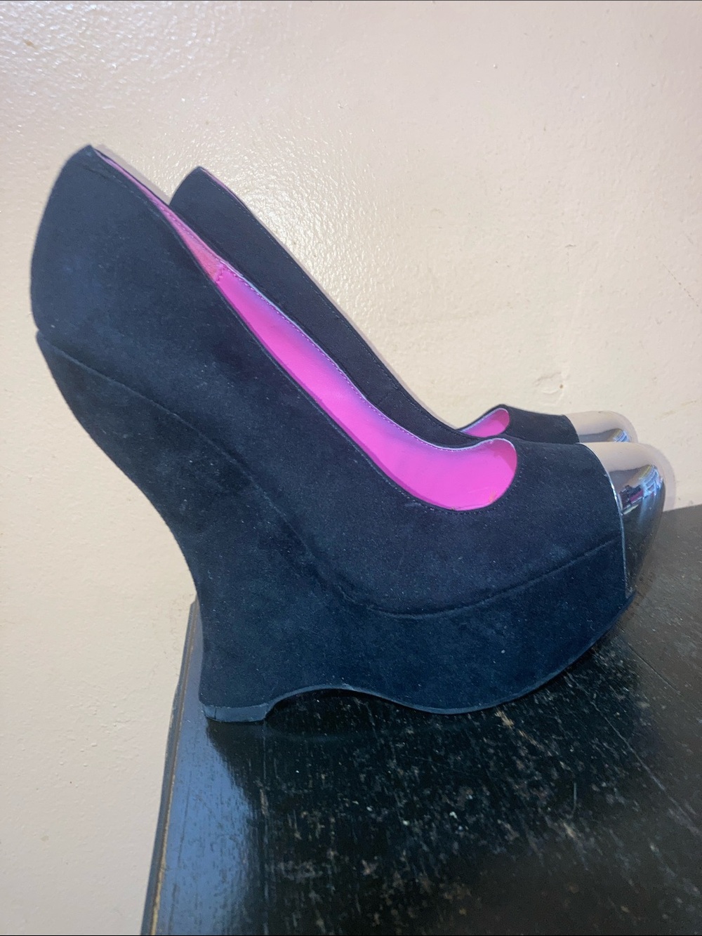 Qupid Black Suede platforms with Pink Interior and Silver Cap Toe